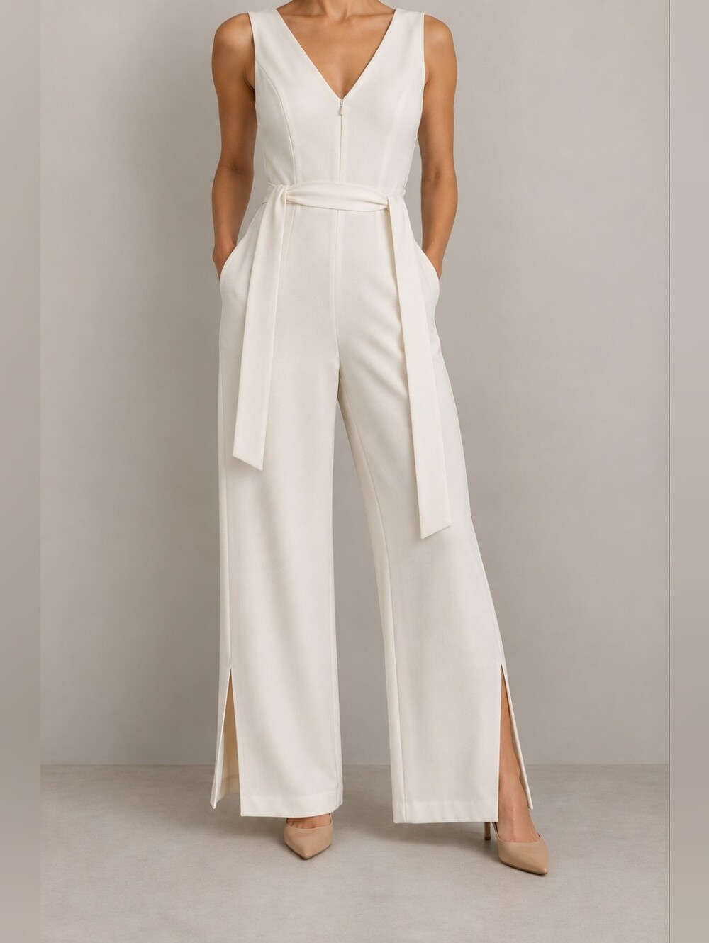 Club Monaco Ivory Wide Leg Tie-Waist Jumpsuit Size M
